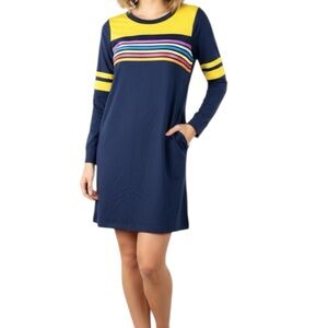 Umgee Navy Blue Rainbow Striped Long Sleeve Retro T-Shirt Dress Size Small